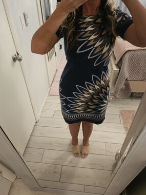 Tory Burch Navy Geometric Short Sleeve Sheath Dress with Tan and White Accents